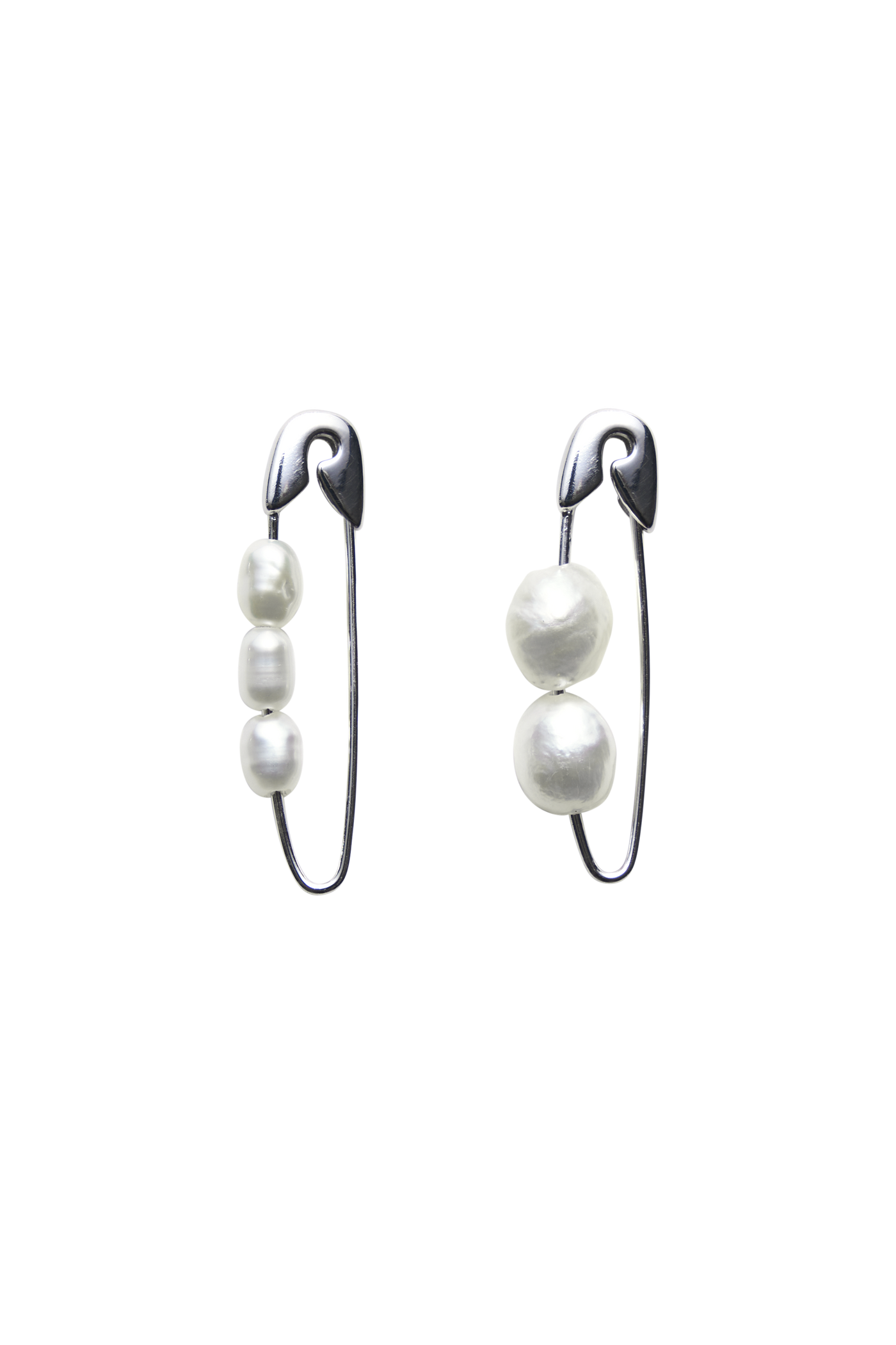 Bianca Mavrick Jewellery Safety Pin Earring Sterling Silver Mismatched Pearls Closed