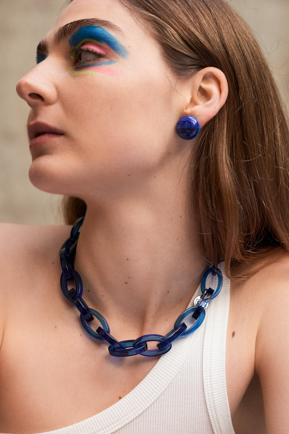 Model wearing Bianca Mavrick Jewellery Clip on Lapis Lazuli Earrings