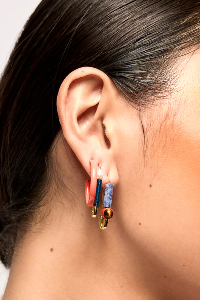 Model wears Close Up Earlobe Bianca Mavrick Colour Enamel Hoop Earrings