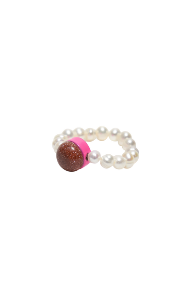Bianca Mavrick Jewellery Pearl Cabochon Neon Pink and Sandstone Stretch Ring