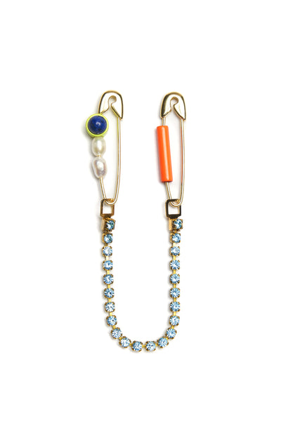 Bianca Mavrick Jewellery Safety Pin Earring Gold Lapis Lazuli with Rhinestone Connector Chain