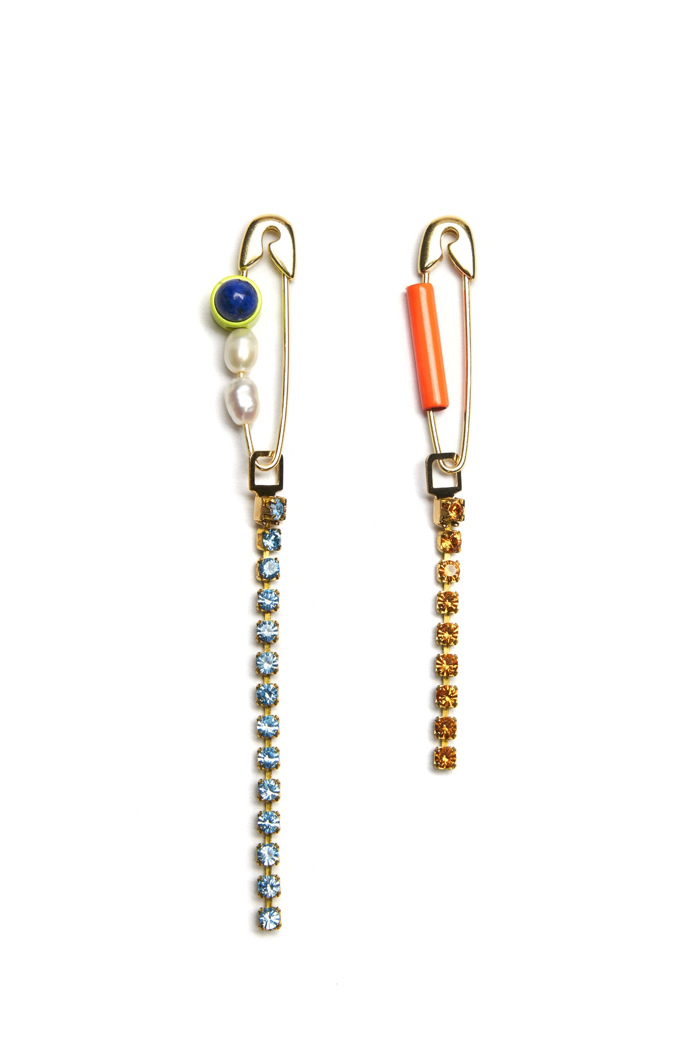 Bianca Mavrick Jewellery with Safety Pin Earrings Gold Lapis Lazuli Rhinestone Chain