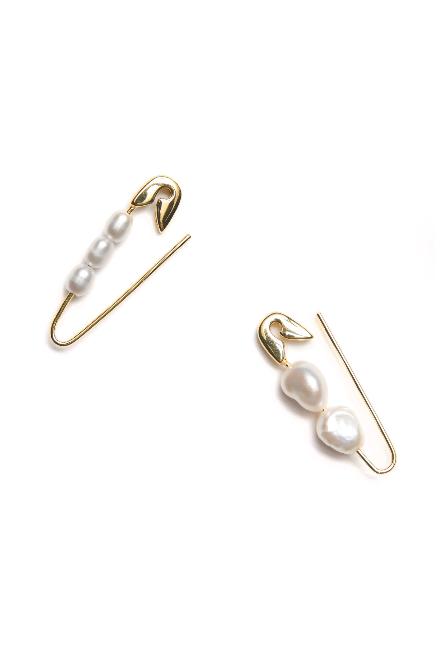 Bianca Mavrick Jewellery Safety Pin Earrings Gold Mismatched Pearls  Open