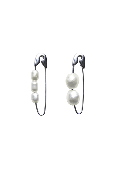 Bianca Mavrick Jewellery Safety Pin Earring Sterling Silver Mismatched Pearls Closed