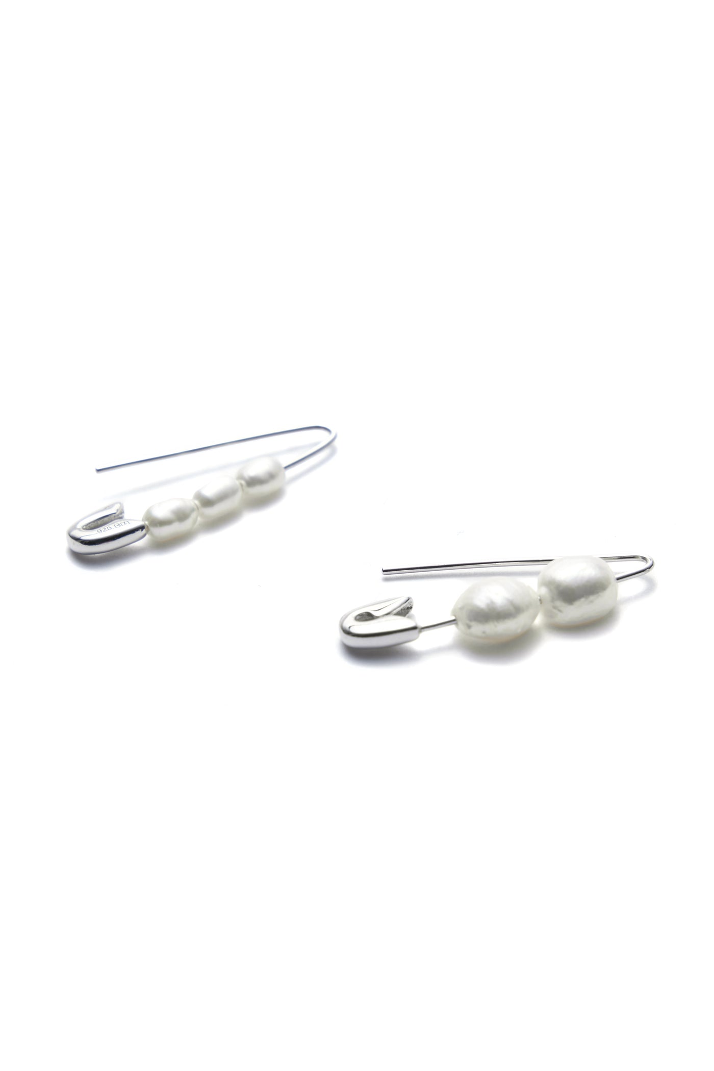 Bianca Mavrick Jewellery Safety Pin Earring Sterling Silver Mismatched Pearls Side View
