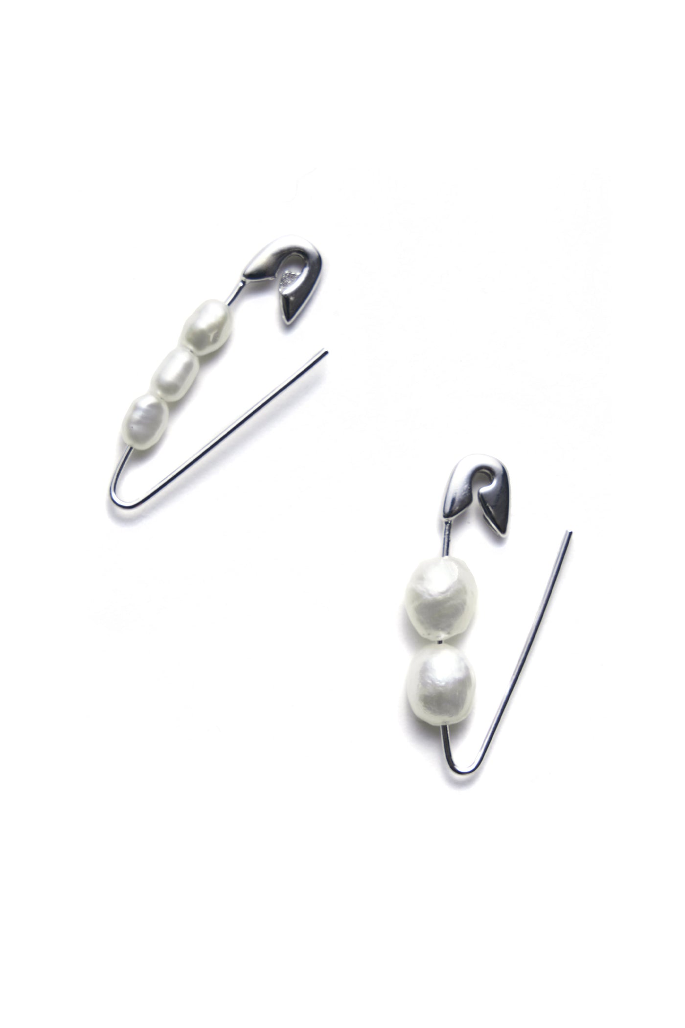 Bianca Mavrick Jewellery Safety Pin Earrings Sterling Silver Mismatched Pearls Open