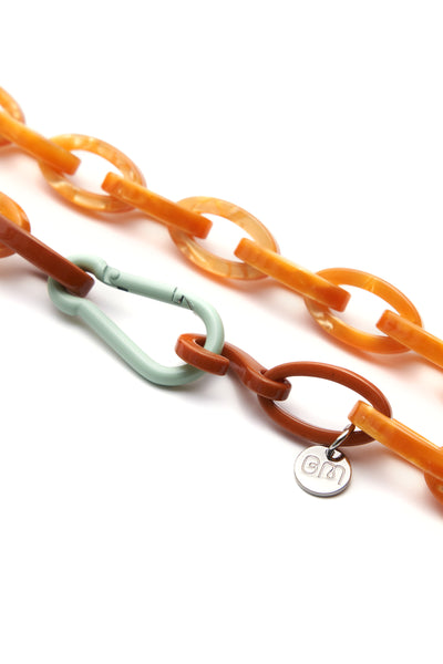 Bianca Mavrick Jewellery Turmeric Pearl Chain Link Necklace with Mint Carabiner Clasp Detail  