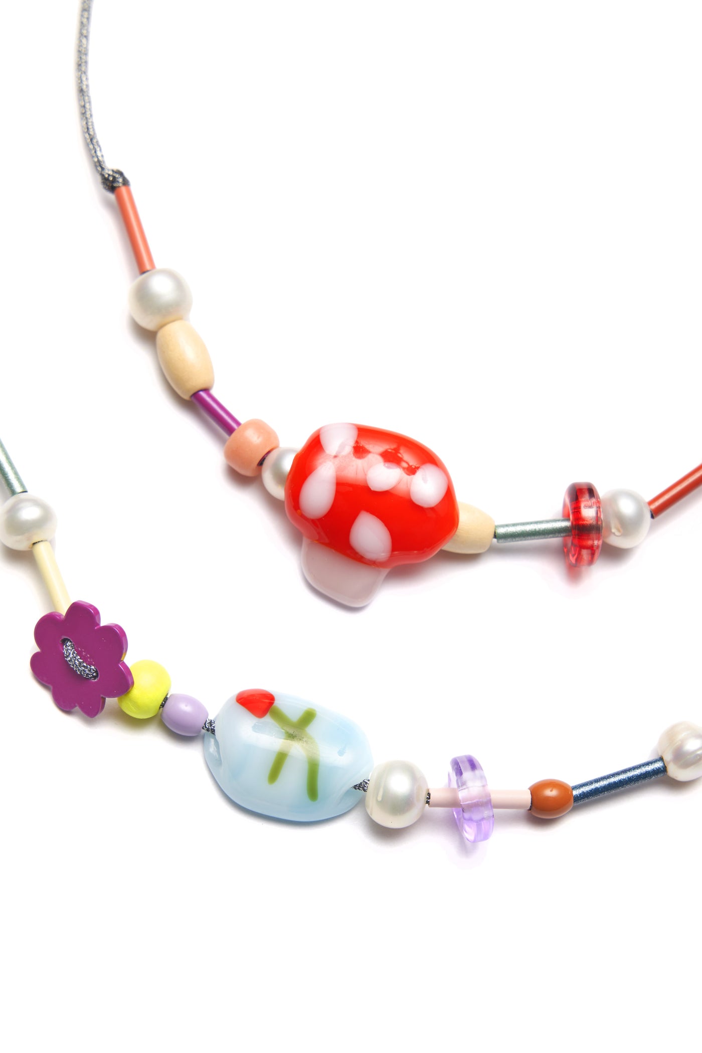 Bianca Mavrick x Lawn Bowls Collaboration Mushroom and Rose Bracelets Glass and Pearl Jewellery
