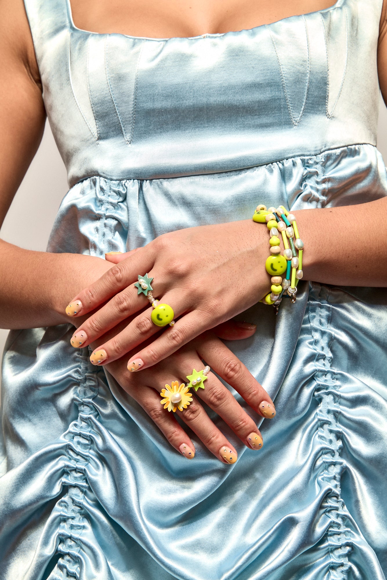 Bianca Mavrick x Lawn Bowls Collaboration Model Wearing Smiley Ring and Bracelet