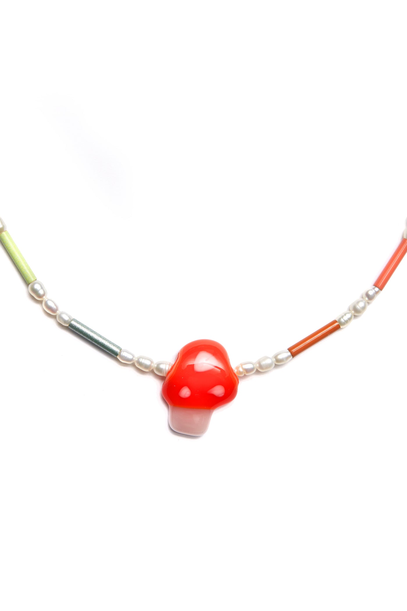 Bianca Mavrick x Lawn Bowls Mushroom Necklace Pearl and Glass Pendant Close Up