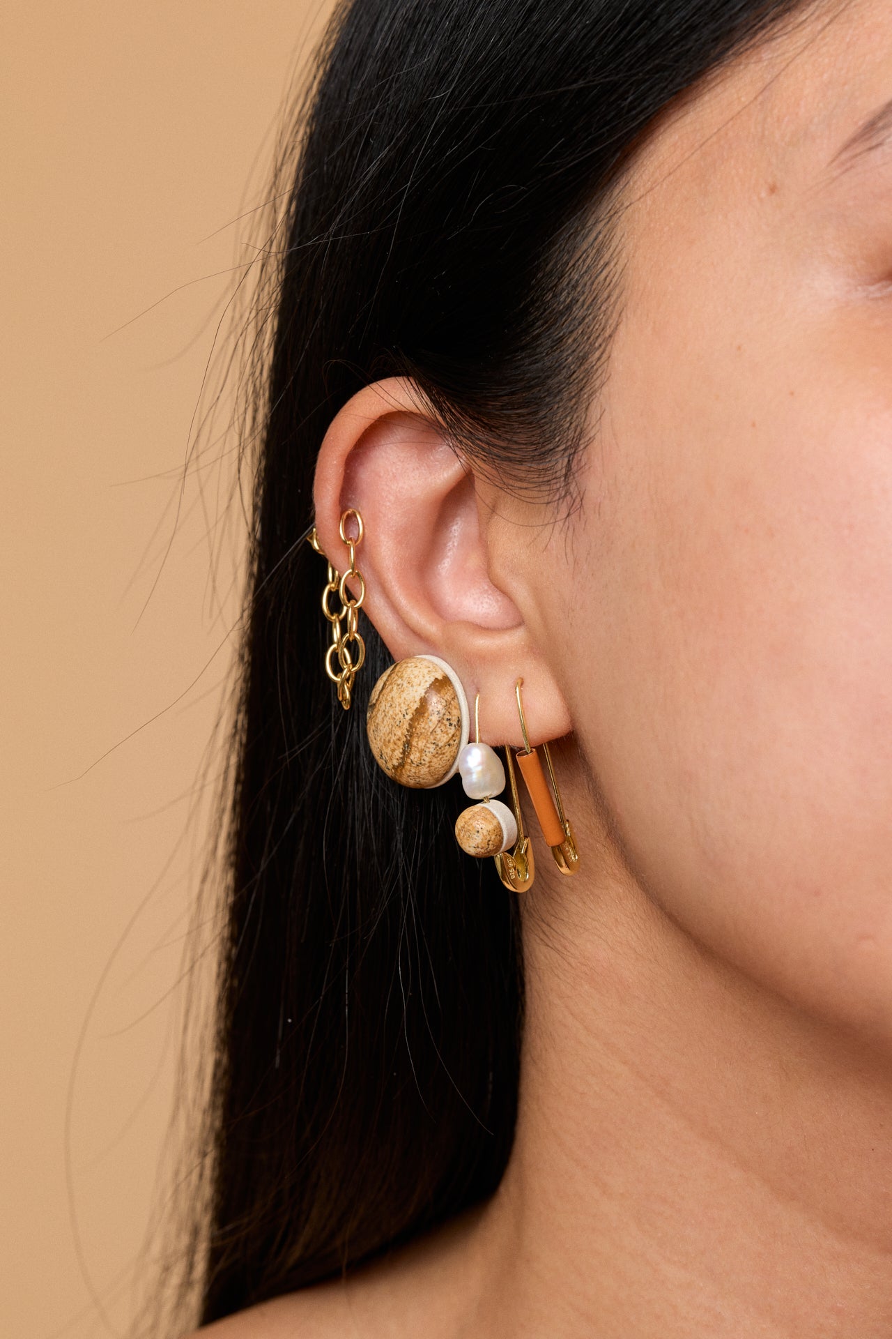Gold Safety Pin Earring with Pearl and Enamel