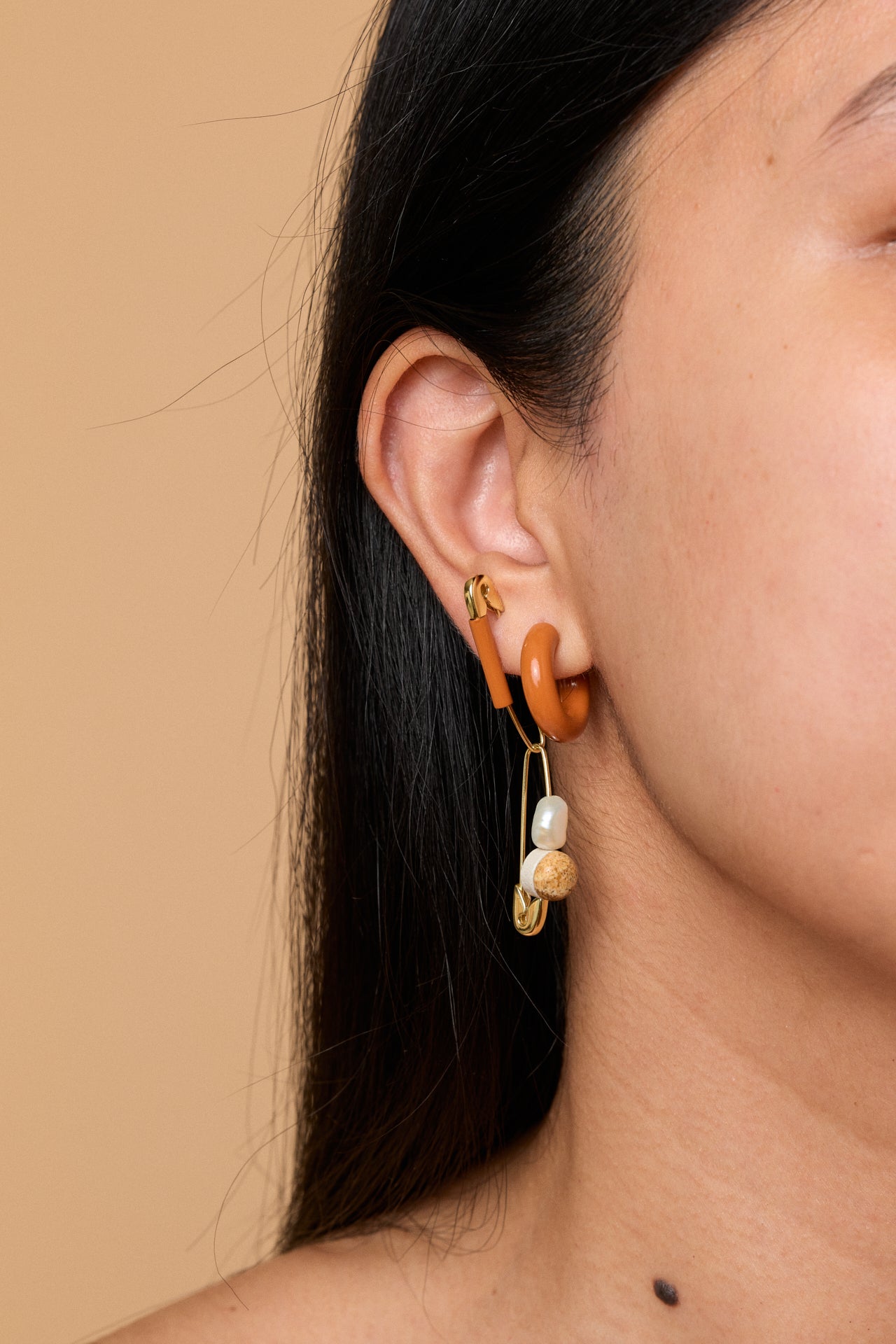 Gold Safety Pin Earring with Terracotta Enamel Hoop Earring